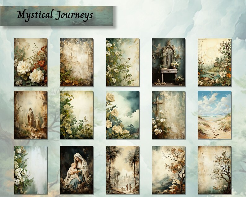 May include: A collection of 12 digital art prints featuring a variety of nature scenes, including flowers, trees, and landscapes. The prints are in a vintage style with a faded, textured look. The title "Mystical Journeys" is displayed at the top of the image.