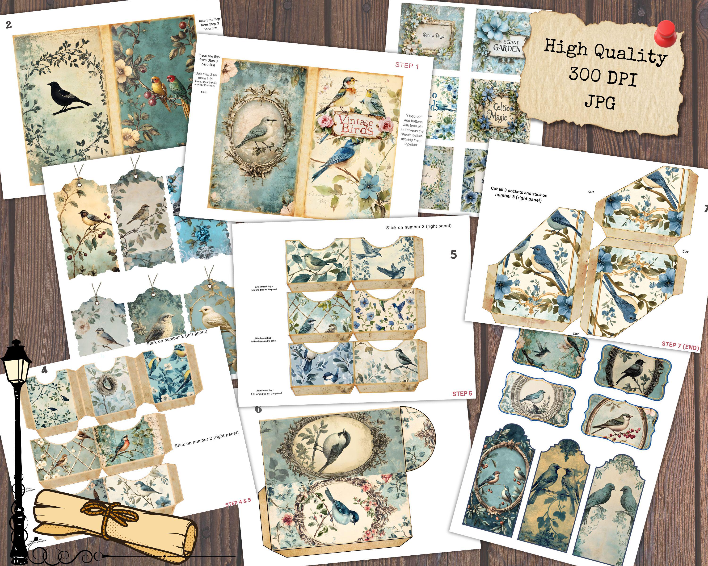 Junk Journal Folio Kit Vintage Birds, Bird Aged Printable Ephemera, Old ...