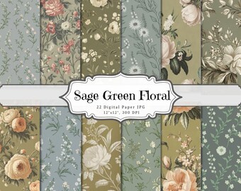Sage Green Floral Digital Paper Pack • Elegant Botanical Backgrounds JPG • Cottagecore Floral Paper • Digital Download • Commercial Use