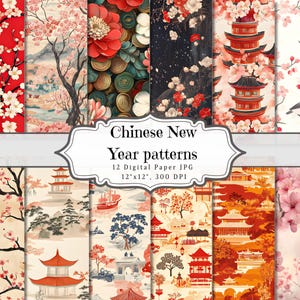 Páginas digitais do Ano Novo Chinês, itens efêmeros para impressão do Ano Novo Lunar, colagem de scrapbook festivo asiático, papel com padrão vintage sem costura