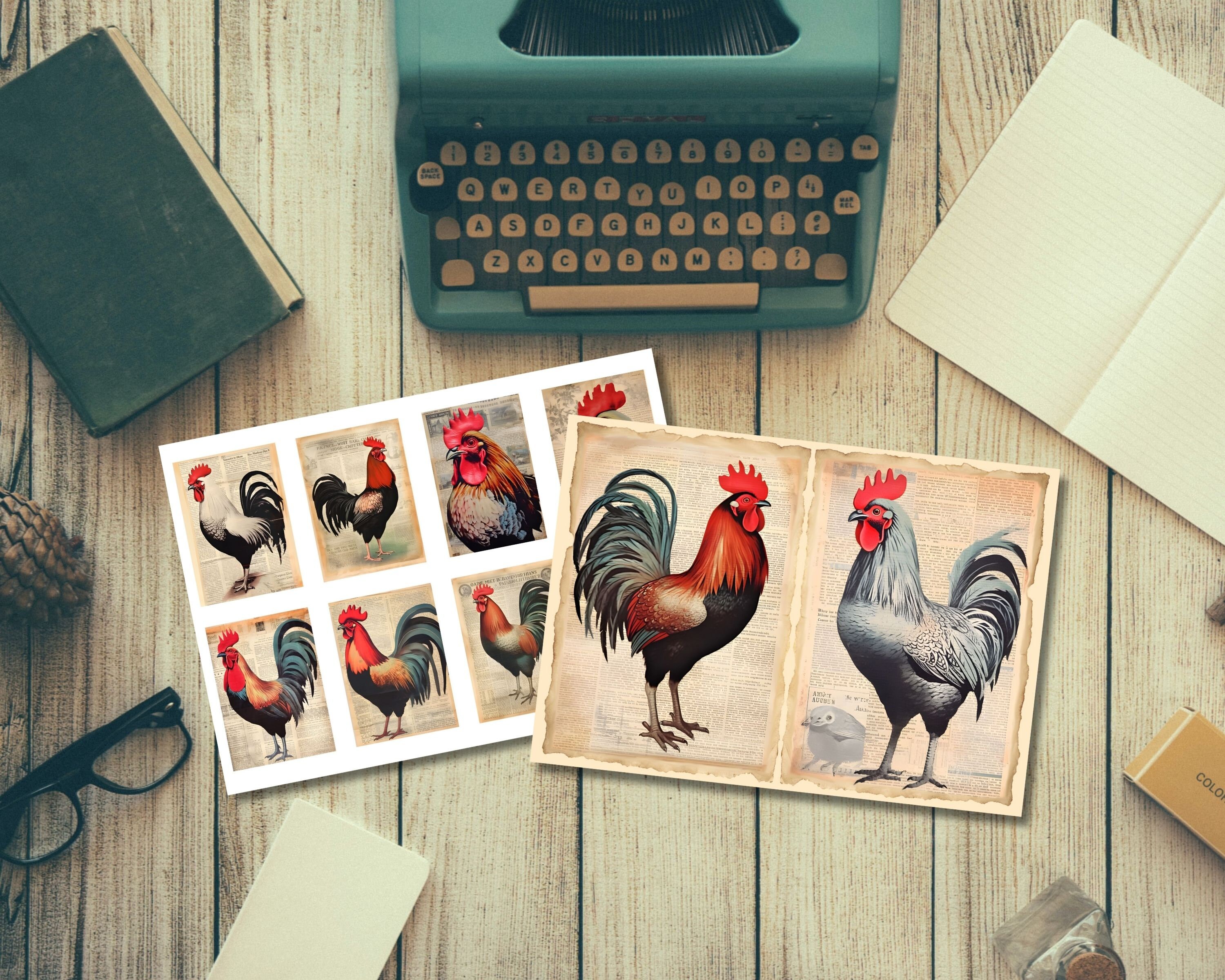 Roosters &amp; Chickens Junk Journal Kit, Printable Watercolor Ephemera ...