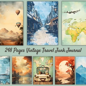 Pode incluir: Uma coleção de impressões artísticas em aquarela com temas de viagem. As impressões apresentam balões de ar quente, paisagens urbanas, um mapa-múndi com um avião e uma mala vintage. O texto "248 Pages Vintage Travel Junk Journal" também é visível.