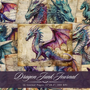 Dragon Junk Journal Kit, Fantasy Dragons Printable Ephemera Page, Mythical Creature Scrapbooking Collage Sheet, Background Mixed Media Paper