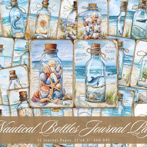 Könnte beinhalten: 15 druckbare Journal-Seiten mit Vintage-Illustrationen von nautischen Flaschen, gefüllt mit Muscheln, Seesternen und anderen maritimen Elementen. Jede Seite ist 28 cm x 21,5 cm groß und hat 300 DPI.