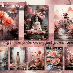 Zen Garden Serenity Junk Journal Paper, Pink Shabby Chic, coisas efêmeras para impressão floral, mídia mista digital, kit de registro no diário, cartão ATC com corte exigente
