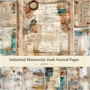 May include: A collage of vintage paper ephemera with a distressed, aged appearance. The pages feature handwritten text, stamps, and a pocket watch. The text "Industrial Manuscript Junk Journal Pages" is displayed, with "49 pages" below.