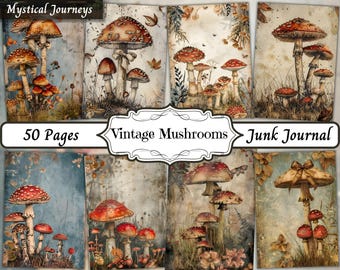 Vintage Mushroom Junk Journal Pages, Forest Fungi Ephemera Printable, Cottagecore Mushroom Scrapbook Paper, Botanical Journal Kit