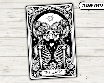 May include: Black and white tarot card illustration of two skeletons embracing, with the text "THE LOVERS" at the bottom. The card is framed with ornate details and features a heart and flowers.