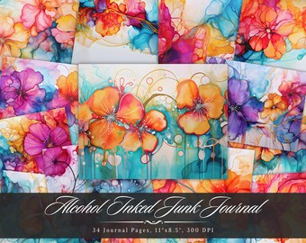 Alcohol Ink Junk Journal Pages, Watercolor Floral Ephemera, Shabby Chic Scrapbook Paper JPG