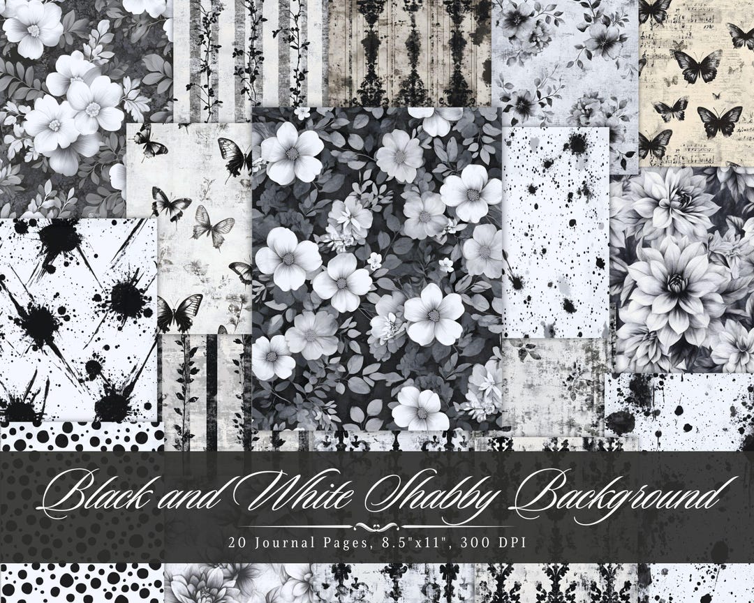 Black and White Shabby Junk Journal, Patterned Paper Printable Ephemera ...