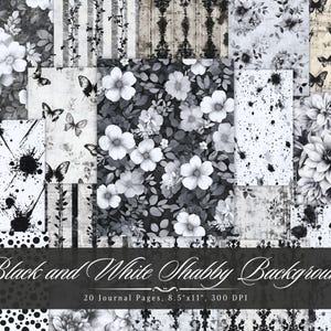 Zwart-wit Shabby Junk Journal, patroonpapier afdrukbare kortstondige gebeurtenissen, vintage scrapbooking collageblad, achtergrond pagina's met gemengde media