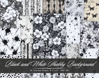 Black and White Shabby Junk Journal, Patterned Paper Printable Ephemera, Vintage Scrapbooking Collage Sheet, Background Mixed Media Pages
