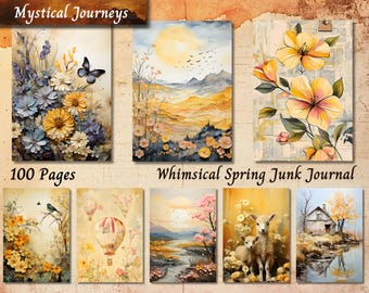 Whimsical Pastel Spring Junk Journal Papers, Watercolor Floral Printable Ephemera, Shabby Chic Flower Scrapbook Collage, Background Page ATC