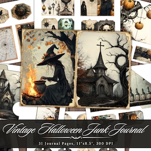 Vintage Halloween-rommeldagboekpagina's, horror griezelige afdrukbare efemere verschijnselen, vintage heks spookhuis plakboekcollage, achtergrondpapier ATC