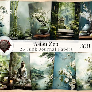 Asian Zen Junk Journal Paper, Calming Printable Shabby Chic Ephemera & Backgrounds, Handmade Journal Pages, Fussy Cut ATC Scrapbook Collage