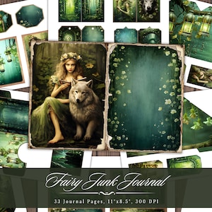 Kit diario di fata Junk, effimeri stampabili di fata della foresta, foglio di collage di album di ritagli fantasy primaverili e boschivi, pagine di sfondo tecniche miste