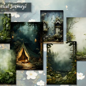 May include: A digital collage of six images depicting mystical forest scenes. The images feature a mossy stone archway, a campsite with a tent and a campfire, a forest path with a stream, a forest clearing with a wooden cabin, a forest with a fog-filled clearing, and a forest with a mossy rock formation.