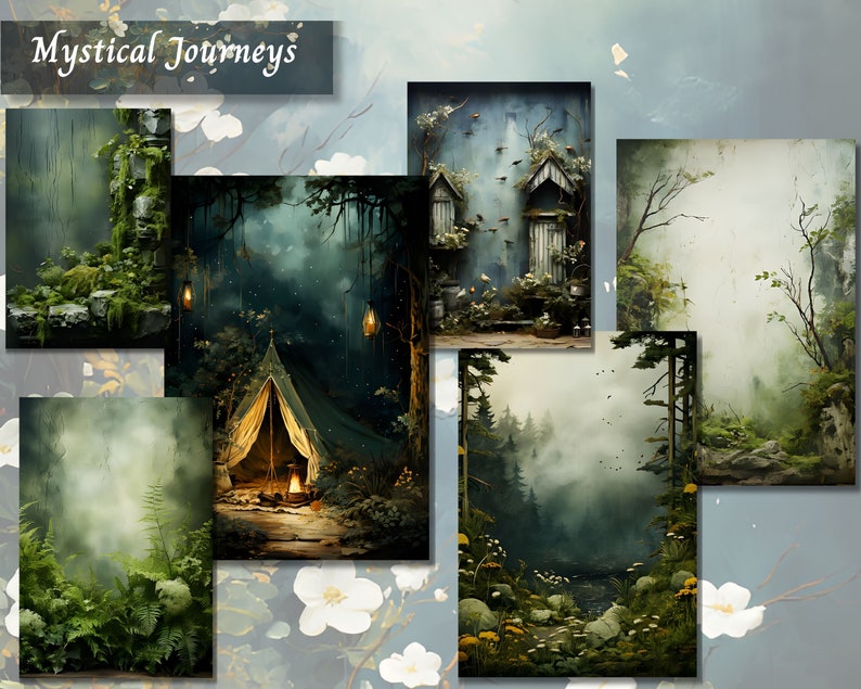 May include: A digital collage of six images depicting mystical forest scenes. The images feature a mossy stone archway, a campsite with a tent and a campfire, a forest path with a stream, a forest clearing with a wooden cabin, a forest with a fog-filled clearing, and a forest with a mossy rock formation.