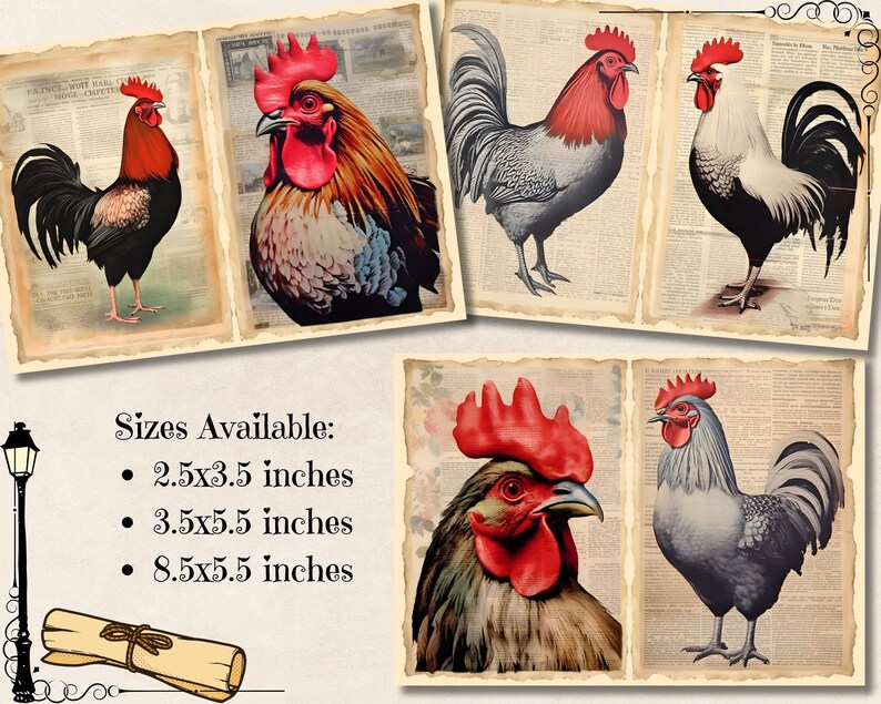 Roosters &amp; Chickens Junk Journal Kit, Printable Watercolor Ephemera ...