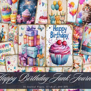 Joyeux anniversaire, pages de journal indésirables, éphémères imprimables pour le jour de la naissance, collage de scrapbooking de célébration de gâteau, papier technique mixte de fond ATC