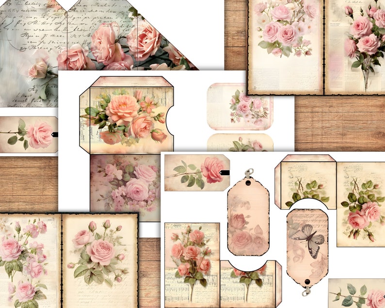 Pink Rose Junk Journal Kit, Shabby Chic Vintage Floral Ephemera Pages ...