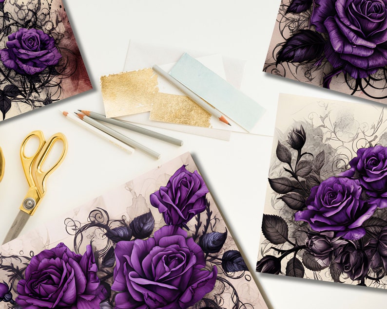 Purple Gothic Roses Junk Journal Pages, Digital Mixed Media, Vintage ...