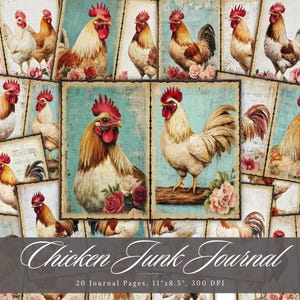 Papel para diario de pollo, efímera imprimible de gallina y gallo de granja, hoja de collage de recortes de pollitos antiguos, páginas de técnica mixta de fondo ATC