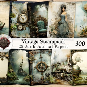 Kit de journal indésirable vintage steampunk, scrapbooking papier shabby chic et collage numérique, pages éphémères imprimables, cartes ATC de journalisation rétro bricolage