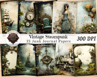 Steampunk Vintage Junk Journal Kit, Digital Collage Shabby Chic Paper Scrapbook, Printable Ephemera Pages, DIY Retro Journaling ATC Cards