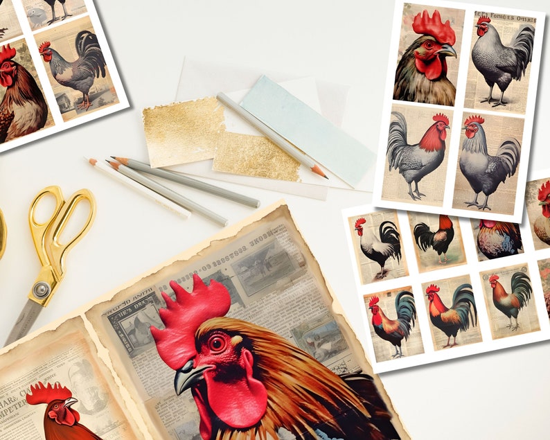 Roosters &amp; Chickens Junk Journal Kit, Printable Watercolor Ephemera ...
