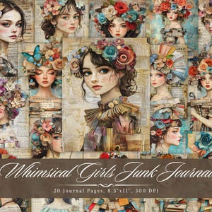 Whimsical Girls Junk Journal Paper, Women Printable Ephemera, Boho Vintage Lady Scrapbooking Collage Sheet, Background Mixed Media Pages ATC