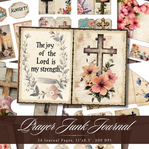 Papel de diario basura con oraciones, efímeras florales cristianas imprimibles, hoja de collage de álbum de recortes de las Escrituras de la fe de Jesús, páginas de técnica mixta de la Biblia ATC