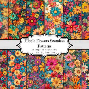 Hippie Flowers Digital Papers, Grunge Retro Flower Junk Journal Page, Boho Spring Printable Ephemera, Boho Groovy Background Paper