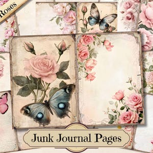 Páginas de diário de rosas cor-de-rosa, itens efêmeros florais envelhecidos para impressão, folhas de colagem de scrapbooking de flores vintage, papel de mídia mista de fundo ATC