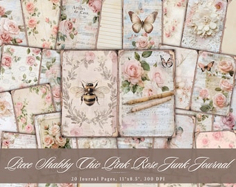 Shabby Chic Pink Rose Junk Journal, Floral Printable Ephemera, Cute Flower Botanical Scrapbooking Collage Sheet, Background Mixed Media ATC