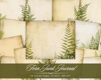 May include: 24 digital journal pages featuring a vintage, aged paper background with fern illustrations. The pages are 11 inches by 8.5 inches and 300 DPI.