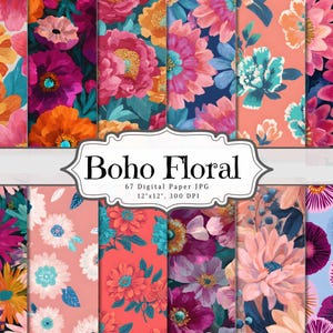 Boho Floral Seamless Patterns • 67 Printable Journal Pages • Bohemian Flower Digital Paper • Junk Journal Backgrounds Scrapbooking Collage