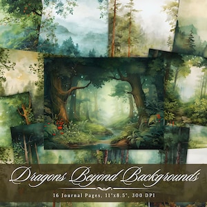 Pages de carnet de bord Les dragons au-delà de l'arrière-plan, éphémères imprimables paysages naturels, kit de collage pour scrapbooking, coupe soignée, carte ATC technique mixte