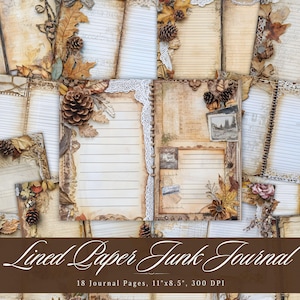 Gelinieerd papier junk Journal Kit, vintage schrijven verouderde pagina afdrukbare ephemera, oude rand scrapbooking collageblad, achtergrond mixed media
