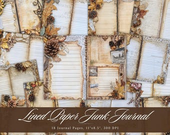 Lined Paper Junk Journal Kit, Vintage Writing Aged Page Printable Ephemera, Old Border Scrapbooking Collage Sheet, Background Mixed Media