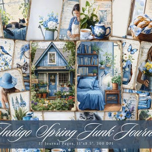 Indigo Frühling Junk Journal Seiten, Shabby Chic druckbare Ephemera, Vintage Blau Scrapbooking Collage Sheet, Hintergrund Mixed Media Papier ATC