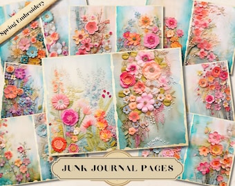 Spring Embroidery Junk Journal, Floral Printable Ephemera, Scrapbooking Collage, Journaling Kit, Digital Mixed Media, Shabby Chic, ATC Card