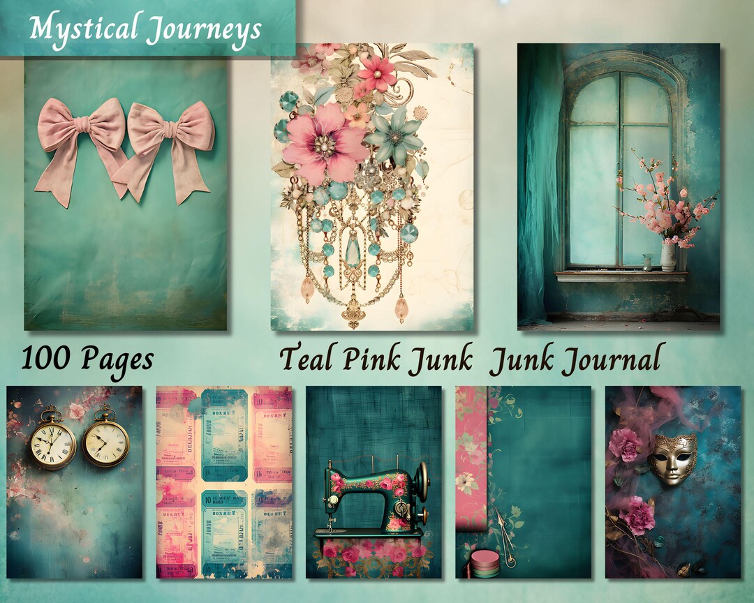 Teal Pink Junk Journal Paper, Blue Pink Floral Watercolor Printable