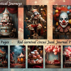 Papier pour carnet de bordel de cirque Carnaval rouge, kit de journalisation, documents éphémères imprimables, collage numérique de scrapbooking, coupe soignée, techniques mixtes, cartes ATC