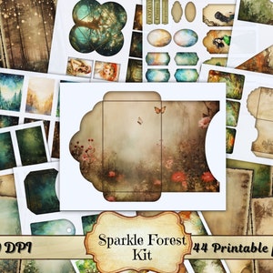 Sparkle Forest Junk Journal Kit, Enchanted Forest Printable Ephemera, Shabby Chic Fairy Nature Background Embellishment, Scrapbook Collage