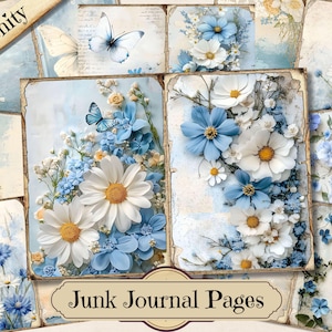 Páginas de diario Serenity Junk, efímeras imprimibles de estilo shabby chic, hoja de collage de scrapbooking floral vintage, papel de técnica mixta con fondo floral