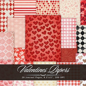 Journal papiers indésirables pour la Saint-Valentin, éphémères imprimables numériques coeur d'amour, feuille de collage pour scrapbooking Saint-Valentin, arrière-plan technique mixte ATC
