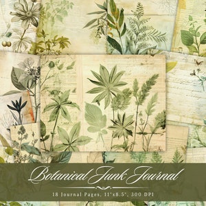 Botanical Junk Journal Kit, natuurbladeren afdrukbare efemere verschijnselen, grillige groene varen plakboek collageblad, groene achtergrond Mixed Media