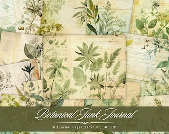 Botanical Junk Journal Pages, Green Fern Ephemera, US Letter Nature Scrapbook Collage Sheets