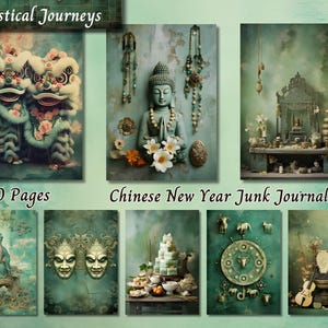 Carta da giornale cinese per il capodanno, effimeri floreali asiatici stampabili, foglio collage per scrapbooking del capodanno lunare, pagina di sfondo con tecniche miste